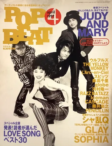 POPBEAT ポップビート 1997年4月号○表紙・特集=JUDY AND MARY/綴じ込みポスター=JUDY AND MARY、しゅう○シャ乱Q/GLAY/SOFIA/ウルフルズ/THE  YELLOW MONKEY/L゛Arc～en～Ciel/スピッツ/森高千里/globe/河村隆一/RAZZ MA  TAZZ/Iceman/CASCADE/藤井尚之/PENICILLIN/他