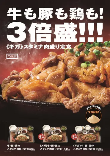 やよい軒「牛・豚・鶏のスタミナ肉盛り定食」登場！ 3種の肉が一度に味わえる 