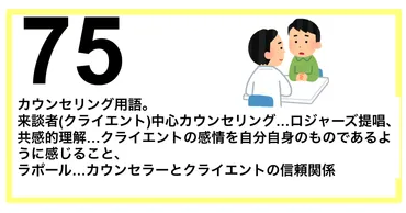 解説075】カウンセリング用語。 来談者(クライエント)中心カウンセリング…ロジャーズ提唱、共感的理解…クライエントの感情 を自分自身のものであるように感じること、ラポール…カウンセラーとクライエントの信頼関係 